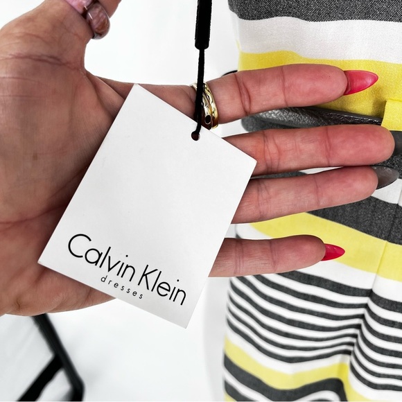 CALVIN KLEIN Belted Sheath‎ Dress Butter Yellow Office Career Size 12 Stretch - Picture 7 of 12